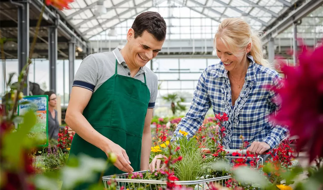 Verkäufer und Kundin im Gartencenter